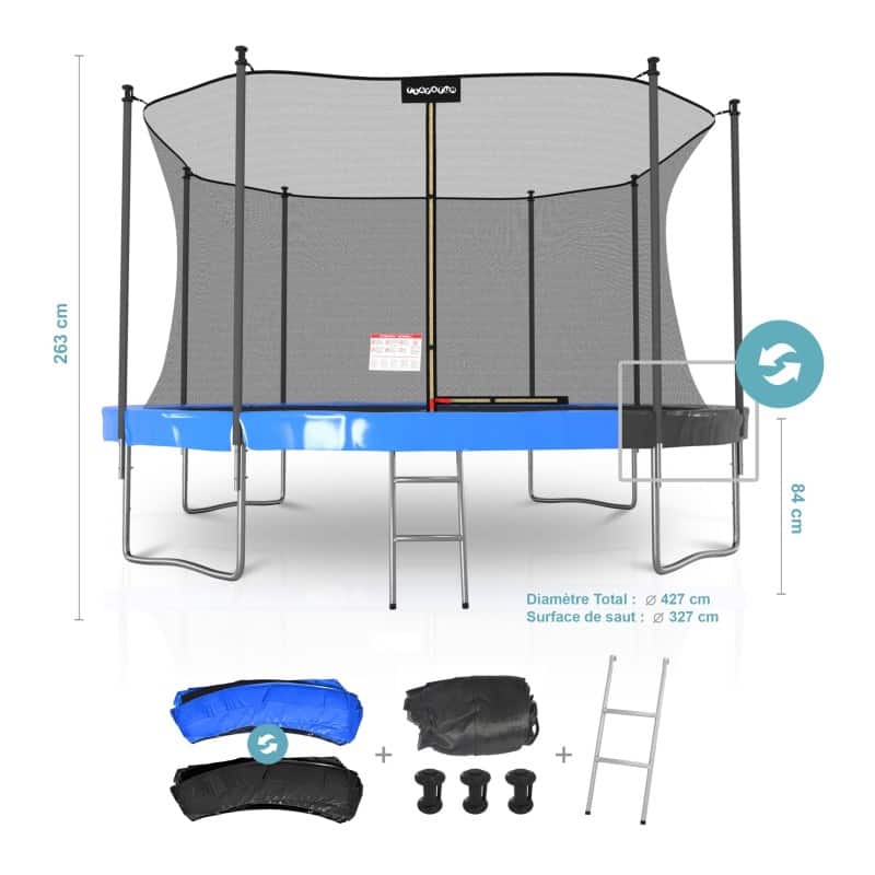 Trampoline de Jardin Classique avec filet de sécruité intérieur, Tapis de Saut, Echelle et Matelas Réversible Bleu/Noir