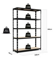 Étagère de rangement polyvalente en métal - Charges Lourdes - 180x120x40cm - Noir