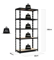 Étagère de rangement polyvalente en métal - Charges Lourdes - 180x90x40cm - Noir