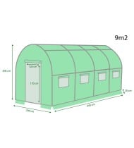 Serre de Jardin Tunnel 9m² - bache armée - avec fenêtres latérales et porte zipée Surface