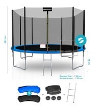 Trampoline de Jardin Deluxe avec filet de sécurité extérieur, Tapis de Saut, Echelle et Matelas Réversible Bleu/Noir