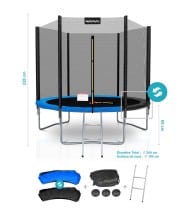 Trampoline de Jardin Deluxe avec filet de sécurité extérieur, Tapis de Saut, Echelle et Matelas Réversible Bleu/Noir