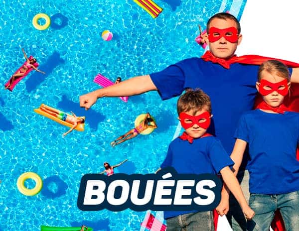 Image catégorie de bouées de piscine avec papa et garçons super héros devant bouées gonflables 