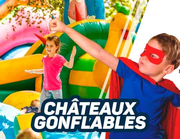 Image catégorie châteaux gonflables avec garçon super héros devant jeux gonflables 