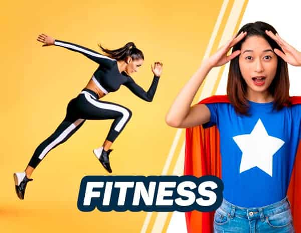 Image catégorie fitness avec super héroïne devant femme sportive 