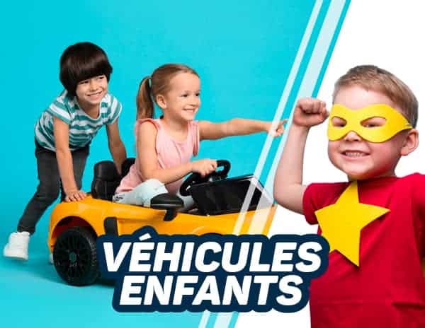 Image catégorie véhicule enfants avec garçon super héros et petite fille avec voiture électrique enfant 